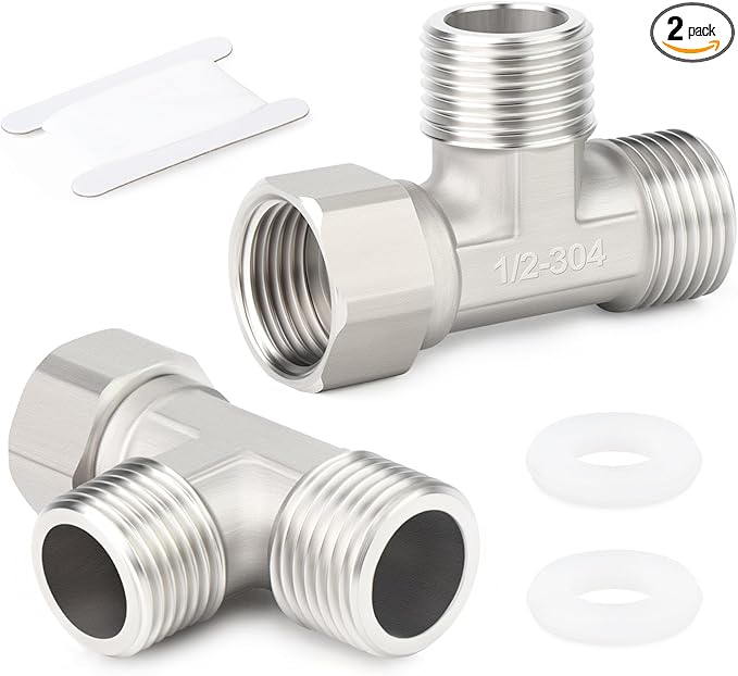 TAISHER 2PCS 304 Stainless Steel 3 Way Right Flexible Movable Tee Connector, 1/2" Male for Sprayer, Angled Valve, Shower Arm