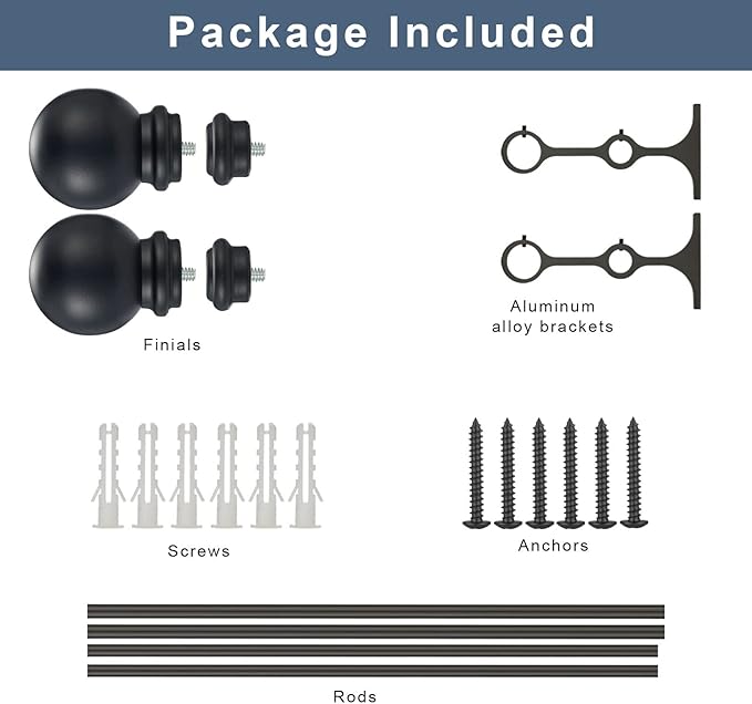 Double Curtain Rod 28 to 48 inch, Adjustable 1 inch Double Drapery Rod Rods for Windows and Doors with Ball Round Finials and Premium Aluminum Brackets Set (28-48",Matte Black)