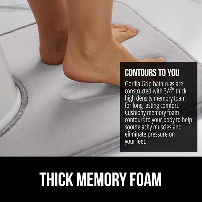 GORILLA GRIP Thick Memory Foam Toilet Rug for Bathroom, U Shaped Washable, Soft Absorbent Velvet Topside Floor Mats, Machine Wash, Cushioned Luxury Rugs for Bath Room, 22.5 x 19.5 Light Gray
