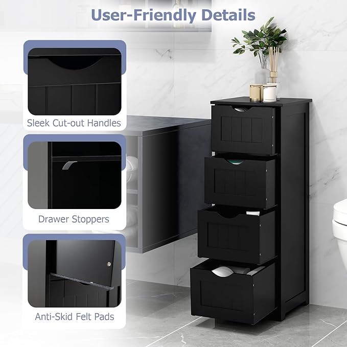 Tangkula Bathroom Floor Cabinet, Freestanding Narrow Side Storage Organizer with 4 Drawers, Multifunctional Towel Cabinet with Anti-Tip Kit for Living Room Laundry Entryway (4 Drawers, Black)