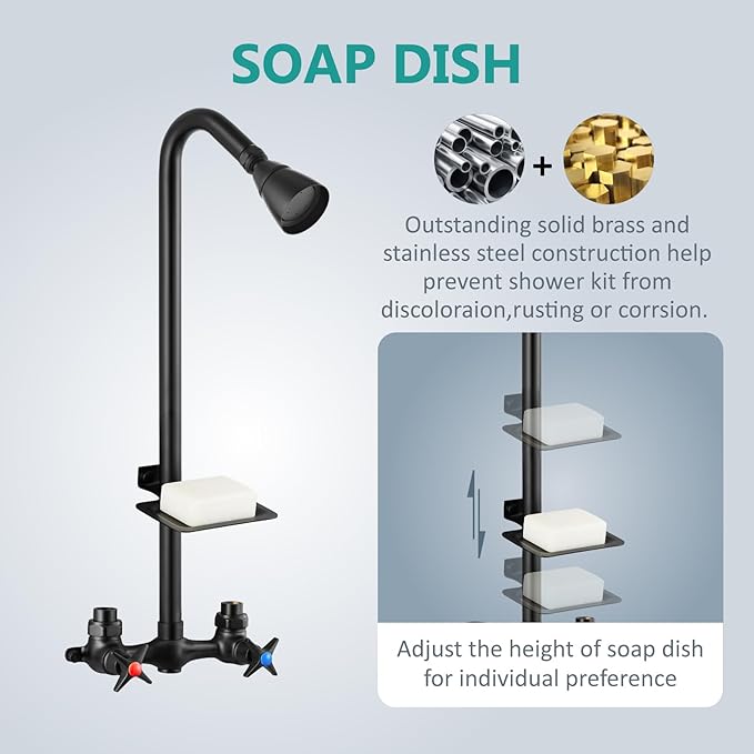 Aolemi Outdoor Shower Kit,Outdoor Shower Fixtures Faucet System with Brass Showerhead,Double Handle Exposed Shower with Brass Mix Valve,6 Inch Center with Soap Dish,Pipe Upward,Matte Black