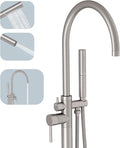 BESy Freestanding Bathtub Faucet Tub Filler Free Standing Floor Mount Stand Brass Bathroom Tub Faucets Sets with 2 Function Hand Sprayer Shower Wand Swivel Spout, Brushed Nickel Finish