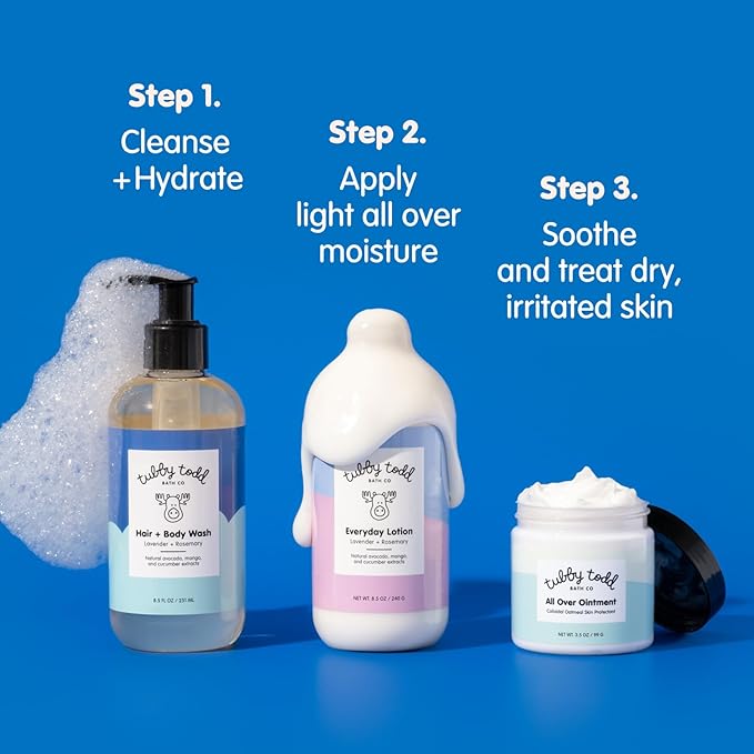 TUBBY TODD 3-Step Baby Bath & Skincare Routine - The Regulars Bundle - 8.5oz Baby Shampoo and Body Wash, 8.5oz Everyday Lotion & 3.5oz All Over Ointment - Lavender Rosemary