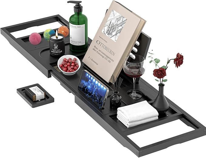 Yirilan Bathtub Tray, Expandable Bath Tray for Tub for Books, Tablets & Wine Glasses for Home Spa, Bathroom Accessories & Gifts
