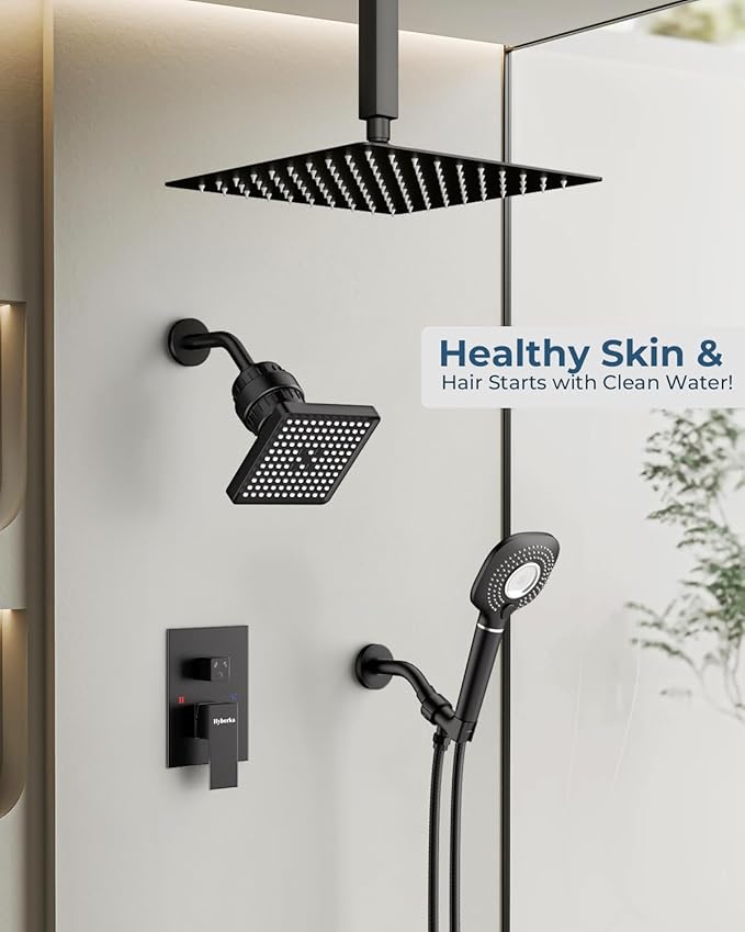 Shower Faucet Set, Ceiling Mount Shower System 10-inch & 6-inch Filtered Black Shower Head and Handle Set, Dual Shower Heads with 3 in 1 Handheld Spray and Valve & Trim Kit