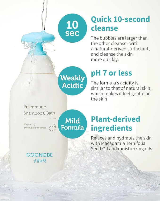 GOONGBE Pri-mmune Shampoo Bath & Moisture Lotion - Korean Baby Cleanser and Body Lotion - Hypoallergenic Moisturizing & Calming Daily Skincare - Gentle Cleanse, Naturally Derived, 11.8 oz.