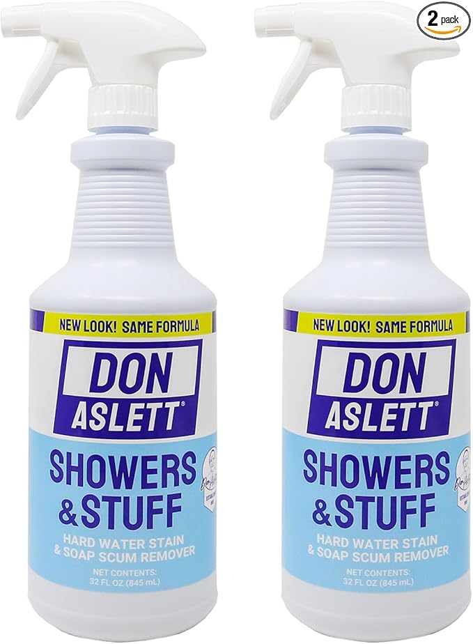 Don Aslett Showers and Stuff (32 Oz Spray Bottle, Pack of 2) Hard Water Stains and Soap Scum Remover | Cleans Bathroom Rust, Grout Tile Lines, Fiberglass Tub, Glass Shower Door Surfaces