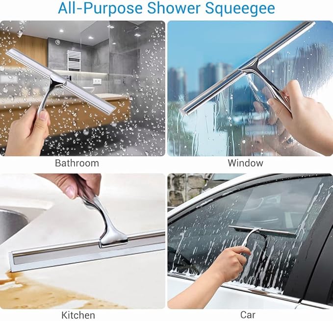 Quntis Silicone Shower Squeegee with Stainless Steel Handle, Window Cleaning Squeegee for Bathroom Window Kitchen Car Household with Professional Wall Mount