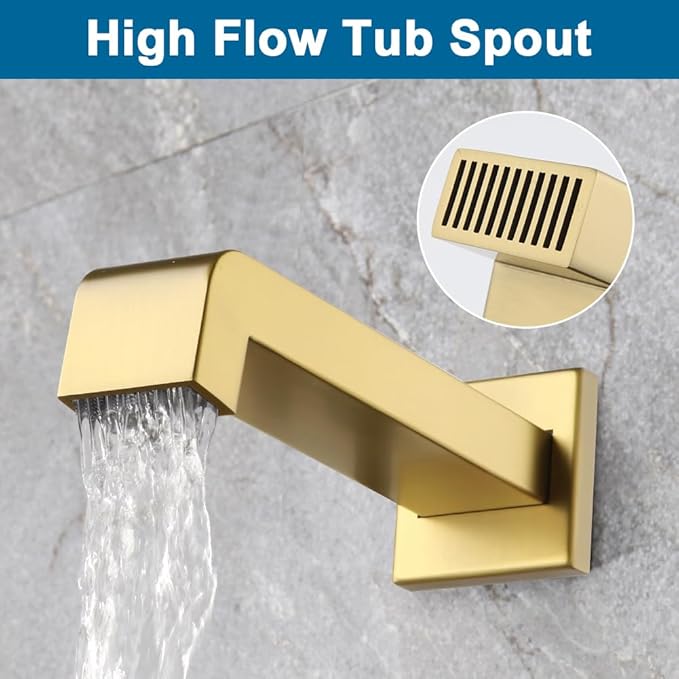 POP SANITARYWARE Shower Tub Faucet Set Brushed Gold Bathroom Rain Shower System with Tub Spout Wall Mounted Rainfall 10 Inch Thickened Shower Head and Handle Set Include Shower Valve and Trim Kit