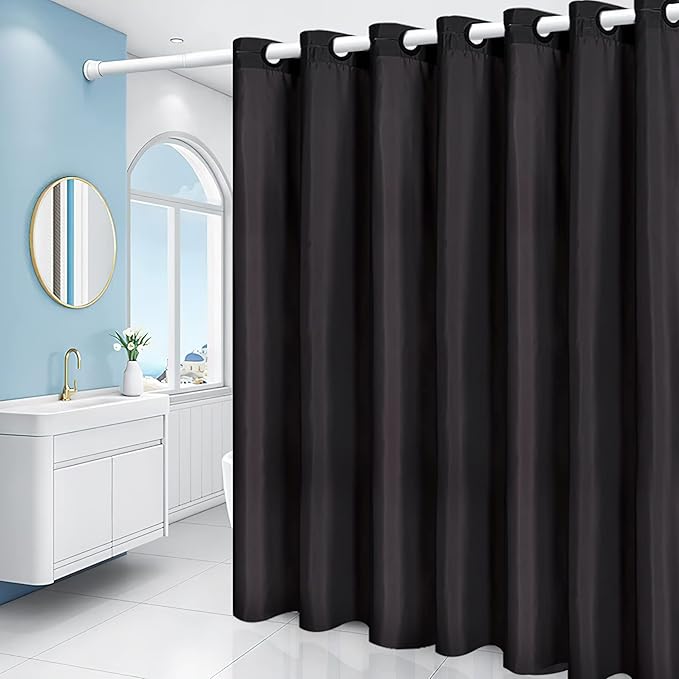 Furlinic Extra Wide No Hook Black Shower Curtain 108x72 Inch,Polyester Fabric Waterproof Shower Curtain Liner with 14 Plastic Split Grommets,Washable Shower Curtains for Bathroom Hotel Spa Luxury