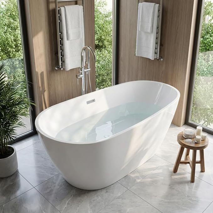 67" Freestanding Acrylic Bathtub, Deep Soaking Tub with Non-Slip Base & Chrome Drain, cUPC Certified, White Pearl