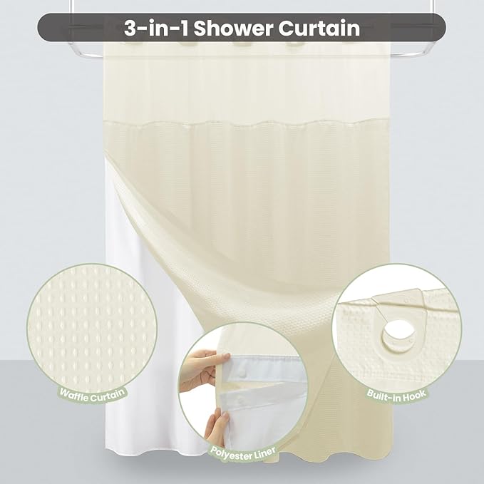 Inhousolu Long No Hook Shower Curtain with Snap in Fabric Liner Set Waffle Weave 230GSM Weighted Hem, Waterproof & Washable Bathroom Curtain Spa Luxury with Mesh Top Window 72" W x 78" L Ivory