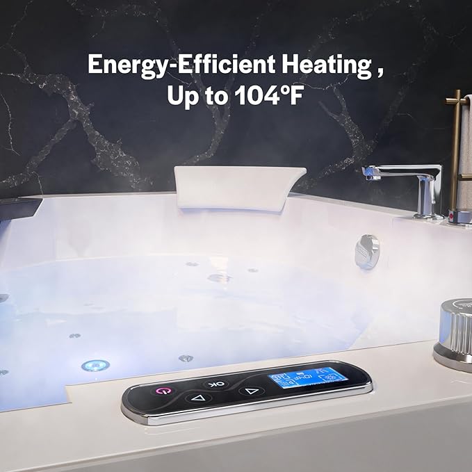 Empava PRO Series 59" Corner Whirlpool Tub for 2-Person | Luxury Jetted Spa with Thermostatic Control, Built-In Heater & Chromotherapy | Acrylic, White (ETL Certified)