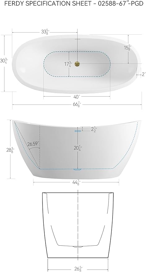 FerdY Naha 67" Freestanding Bathtub, Curve Edge Soaking Bathtub with Polished Gold Drain and Minimalist Linear Design Overflow, Easy to Install 588
