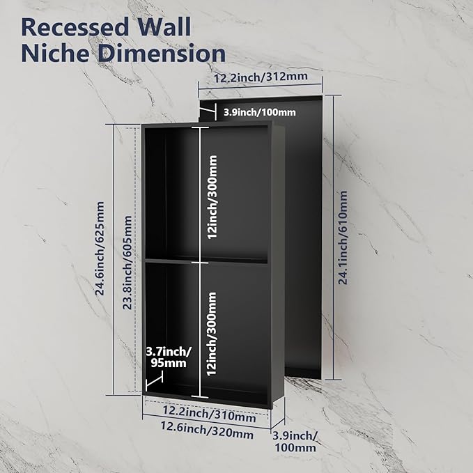 Stainless Steel Shower Niche, 12" x 24" No Tile Needed Recessed Wall Niche with Shelf for Bathroom Storage (Matte Black)