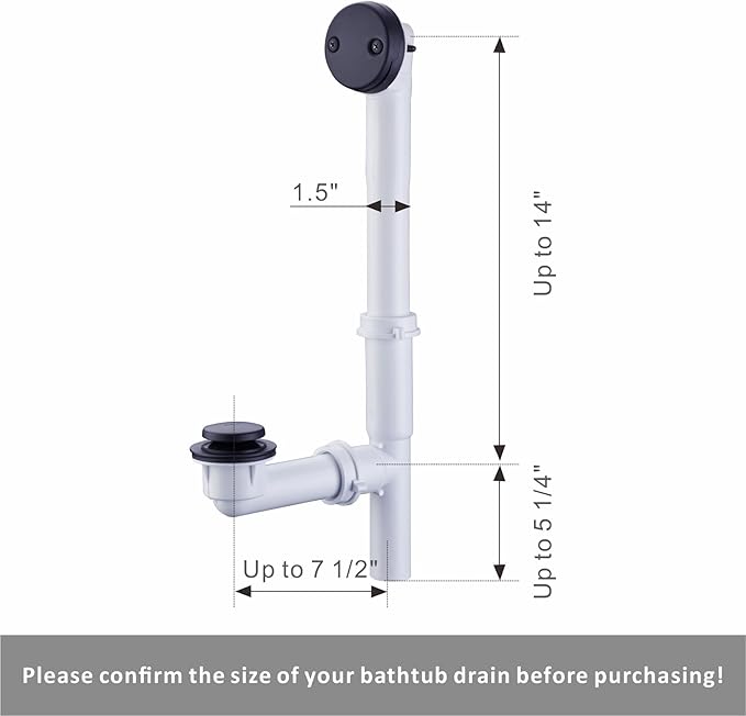 1-1/2" Bathtub Drain Kit Wellup Tubular Tip Toe Bath Waste Drain Kit, Touch-Toe Black Tub Drain Replacement Kit with Tip Toe Drain Stopper, PVC Plastic Pipe Tub Overflow Drain Cover, Matte Black