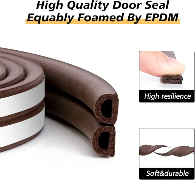 SUNMON Weather Stripping Door Seal Strip, 52.5Feet (16M) D-Type Door Soundproofing, Self Adhesive Foam Weatherstrip for Door and Window (Brown)