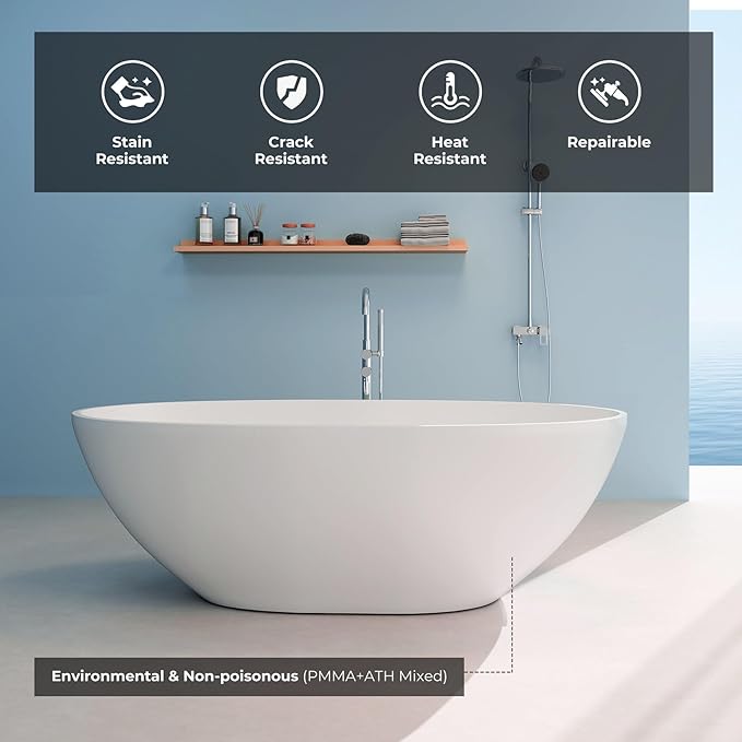 Upgraded 65" Solid Surface Freestanding Bathtub, Oval Stone Resin Tub with Overflow and Pop-up Drain, Matte White