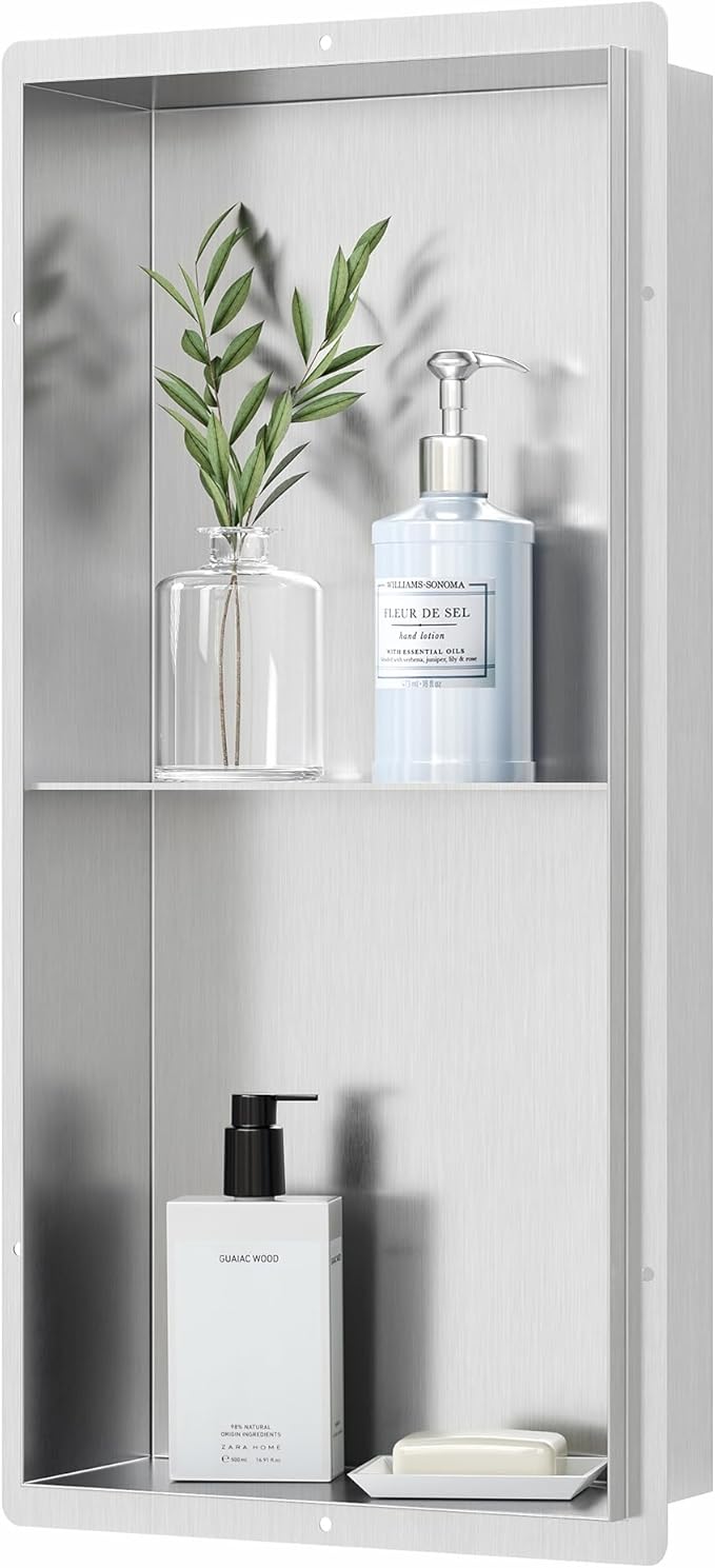 Bathroom Wall Niche, Stainless Steel Shower Niche 12" X 24", Rimless Recessed Wall Shelf for Bathroom, Double Shelves Bathroom Niche No Tile Needed, Brushed Nickel