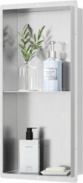 Bathroom Wall Niche, Stainless Steel Shower Niche 12" X 24", Rimless Recessed Wall Shelf for Bathroom, Double Shelves Bathroom Niche No Tile Needed, Brushed Nickel