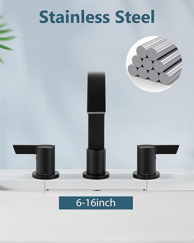 Aolemi Bathroom Faucets 3 Hole,8 Inch Widespread Waterfall Bathroom Sink Faucet,2 Handles Vanity Faucet with Pop-up Drain and Supply Hose,Matte Black