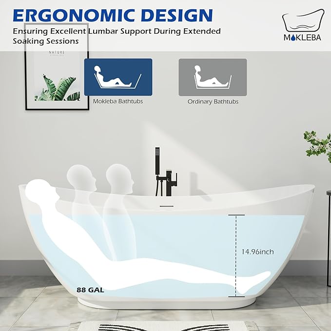 62" Lucite Acrylic Freestanding Bathtub, Double Slipper Shape Contemporary Soaking Tub with Toe-tap Chrome Drain, Slotted Overflow, cUPC Certified, Glossy White