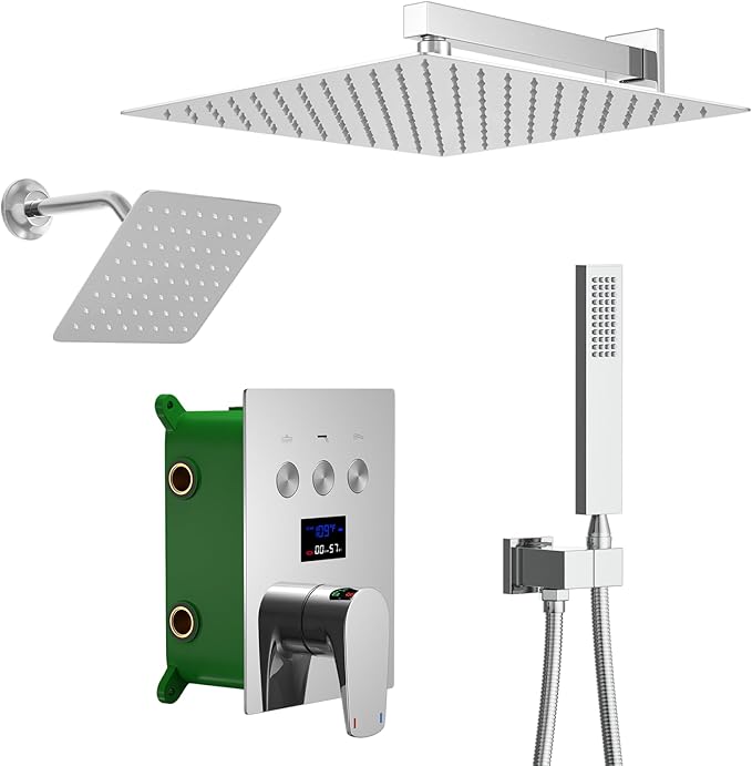 Polished Chrome Shower System Temperature Display Shower Set, Push Button Shower Faucet with 2 Rainfall Shower Head(12+8"), with Handheld Shower