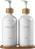 MaisoNovo Glass Soap Dispenser Bathroom Set | Hand Soap and Dish Soap Dispenser Set | 16.9oz White Bottles with White Bamboo Pump | Bathroom Lotion Dispenser with Pump Set of 2