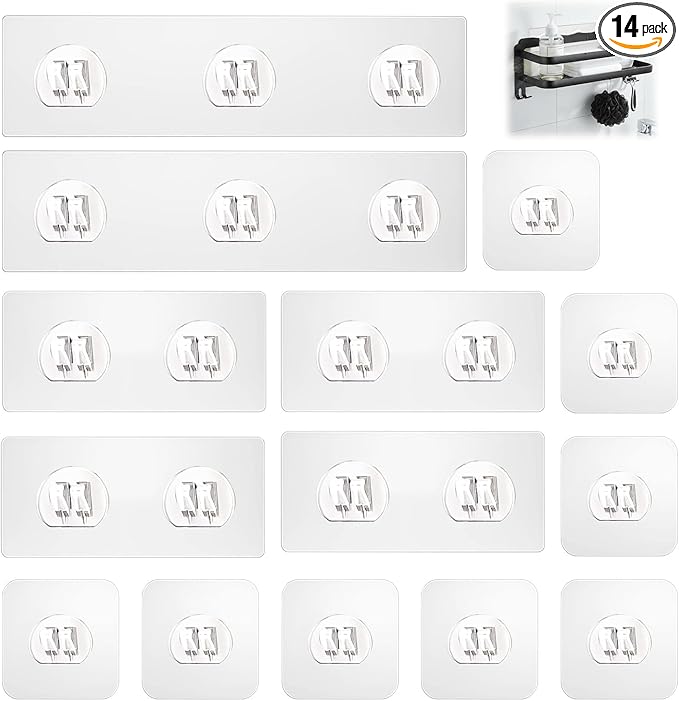 Shower Caddy Adhesive Replacement Hooks 14 Pack, Strong Transparent No Drilling Sticky Pads for Bathroom Shower Shelf Kitchen Rack Storage, Multi Size Adhesive Pads
