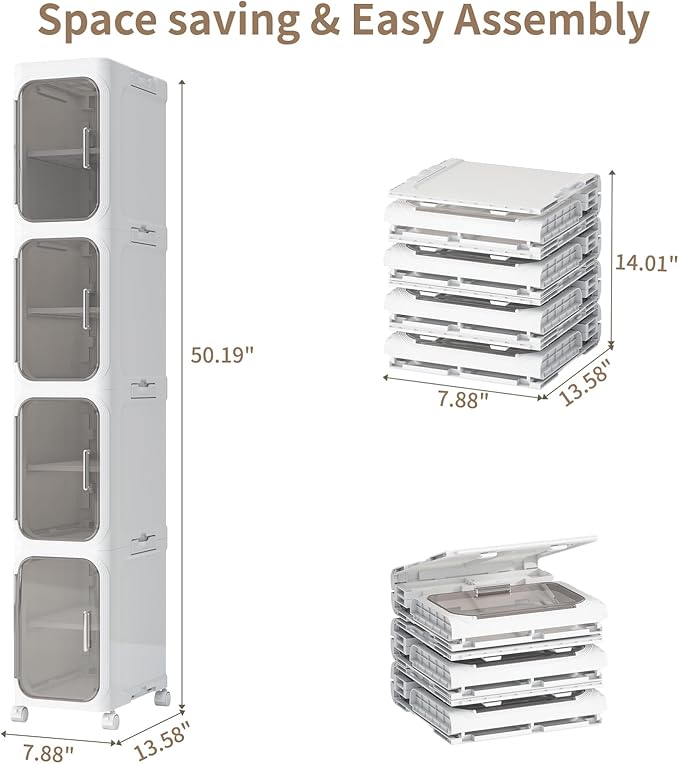 KHNR 4-Tiers Slim Bathroom Storage Cabinet, Foldable Storage Cabinets,Narrow Bathroom Storage,Movable Bathroom Storage Organizer for Small Spaces,Bathroom,Kitchen,Laundry,White