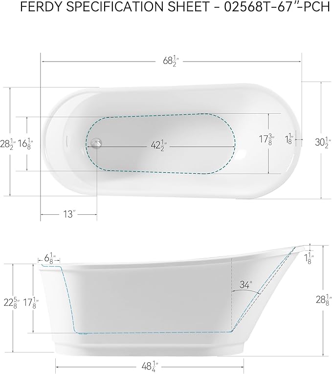 FerdY Langkawi 67" Acrylic Freestanding Bathtub, White Modern Stand Alone Soaking Bathtub, cUPC Certified, Chrome Drain and Minimalist Linear Design Overflow Included, Easy to Install