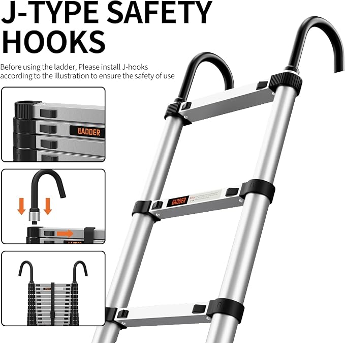 Telescoping Ladder,10.5FT Aluminum Multi-Purpose Collapsible Ladder with Stabilizers and Hooks,Jiashche Portable Extension Ladder for RV or Outdoor Work Silver,330lb Max Capacity