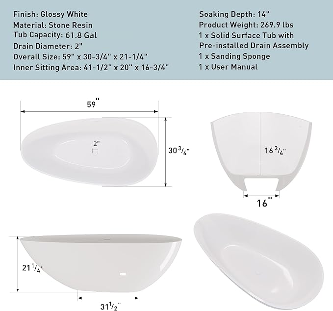 Abruzzo 59“ Solid Surface Freestanding Bathtub, Egg Shell Shaped Stone Resin Freestanding Tubs, Contemporary Oval Soaking Tubwith Overflow in Glossy White, cUPC Certified