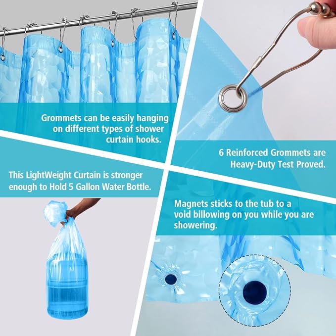 Ga-Geetopia Narrow Size Blue Pearl 3D EVA Stall Shower Curtain Liner, 36x72 Inch Light Weight Plastic Bathroom Shower Curtain with Rustproof Metal Grommets, Magnets for Small Shower Stall, Bathtubs