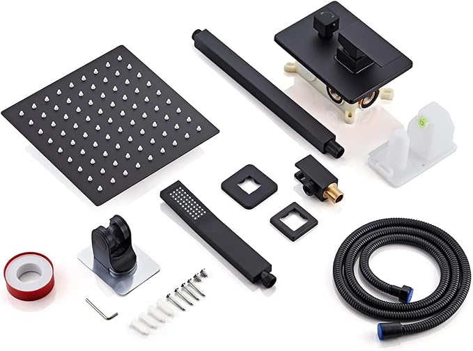 10 Inch Shower Faucet Set Ceiling Mount, High Pressure Rainfall Shower System, Square Rain Shower Spray Combo Luxury Shower Fixtures Matte Black