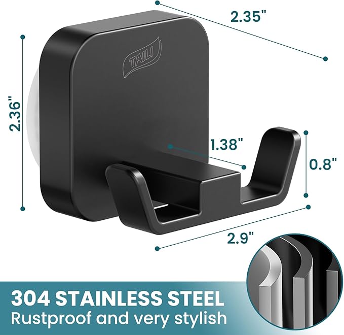 TAILI Patented Strong Suction Cup Holder, Thickened 304 Stainless Steel Bathroom Suction Hook for Towel, Loofah, Bathrobe, Damage-Free Hanging Shower Wall Hook, Double-Hook Widening Design, Black