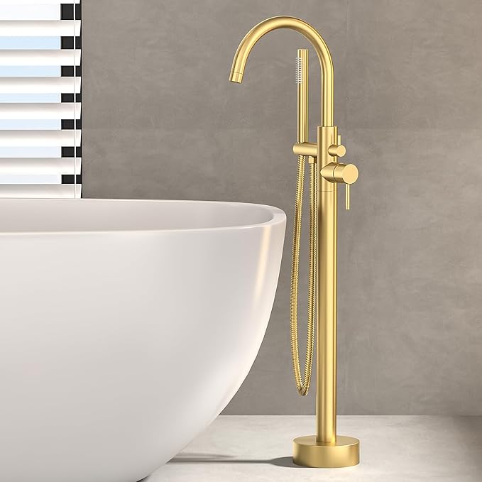 Freestanding Bathtub FaucetFloor Mount Bathtub Filler Shower Mixer Faucet with Handheld Shower Sprayer Swivel, Side Inlet，Gold