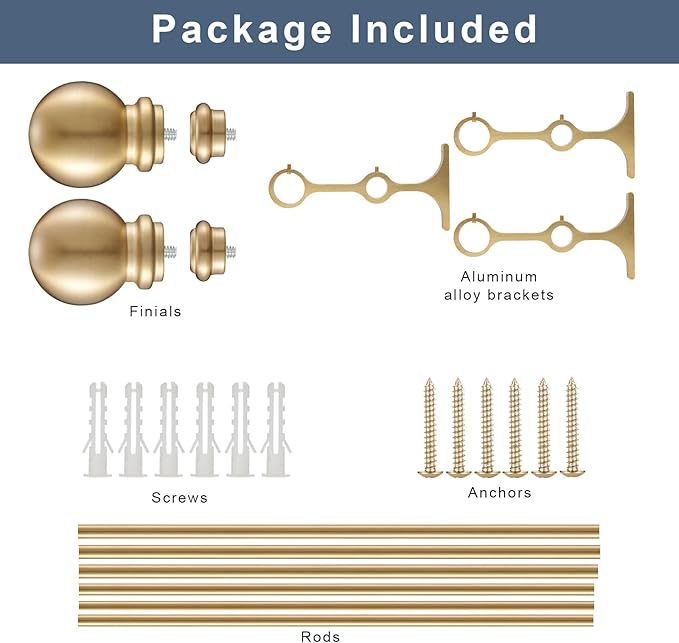 Double Curtain Rod, Adjustable 1 inch Double Drapery Rod Rods for Windows 84 to 120 inch,Ball Round Finials with Brackets Set (84-120",Gold)
