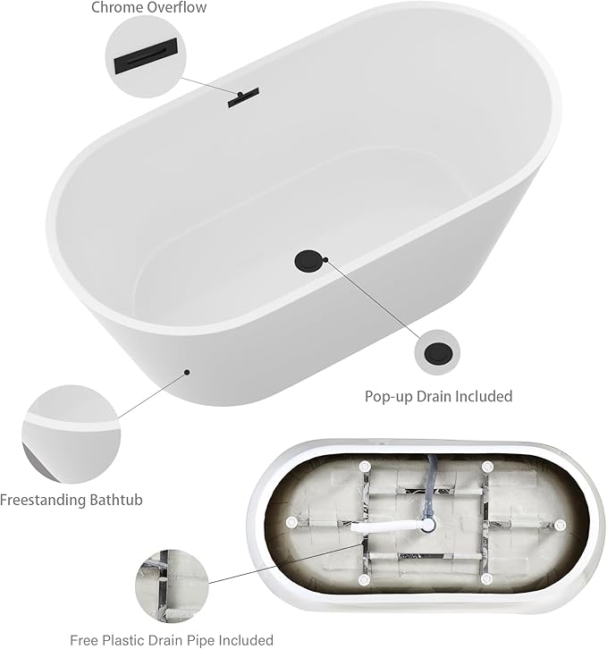 Logmey 59 Inch White Acrylic Freestanding Bathtub Oval Shape Soaking Tub with Black Drain & Overflow Assembly for Classic and Modern Bathrooms