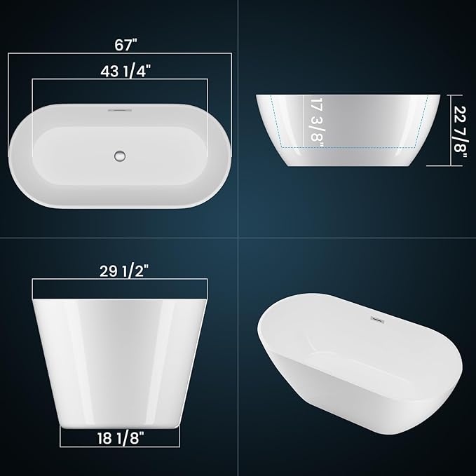 GarveeLife Freestanding Bathtubs 67 inch Acrylic Free Standing Soaking Tub, Freestanding Bathtub with Chrome Drain, Modern Free Standing Tub for Relaxing Soaking Tub Experience and Bathroom Remodel