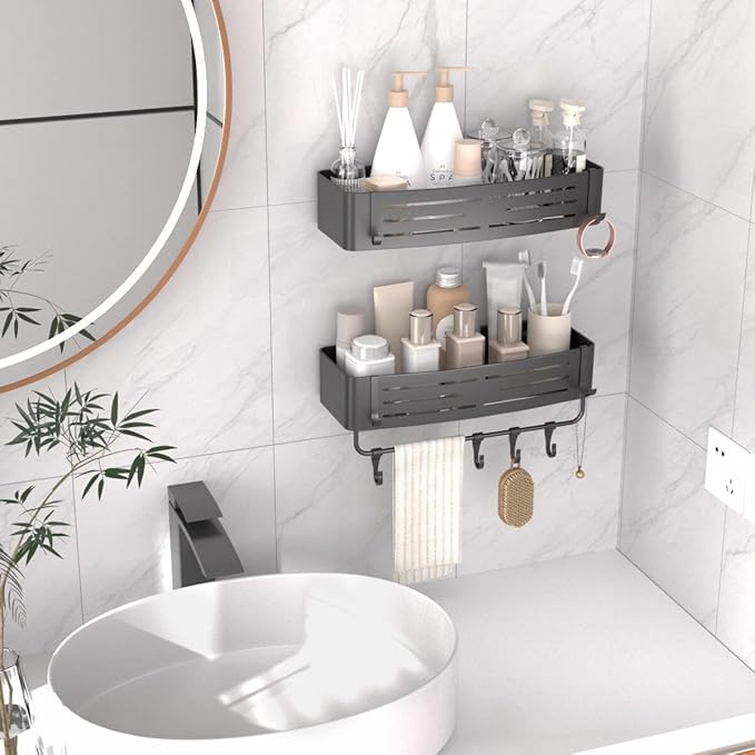 Onemake Shower Caddies Suction Cup, 2-Pack Removable Bathroom Shelf, Shower Organizer with Portable Hooks, Shower Caddy Corner Waterproof Holder with Towel Bar, Gray