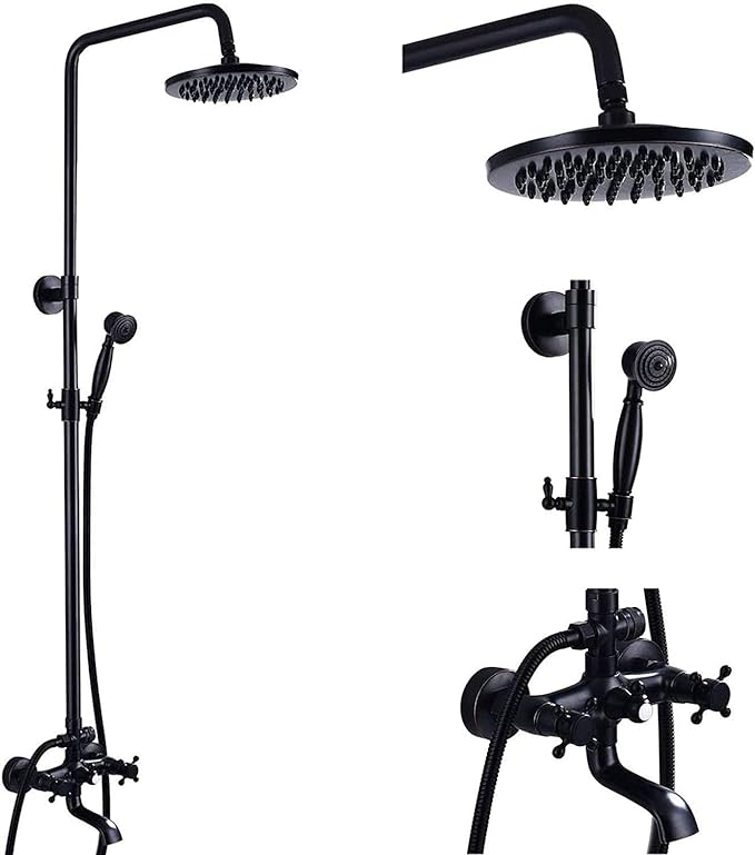 NeierThodore Oil Rubbed Bronze Shower Faucet Set Complete Shower System 8 Rain Shower 2 Cross Knobs Wall Mounted Mixer Bathroom Shower Tub Tap Bathroom Fixtures Wall Mount
