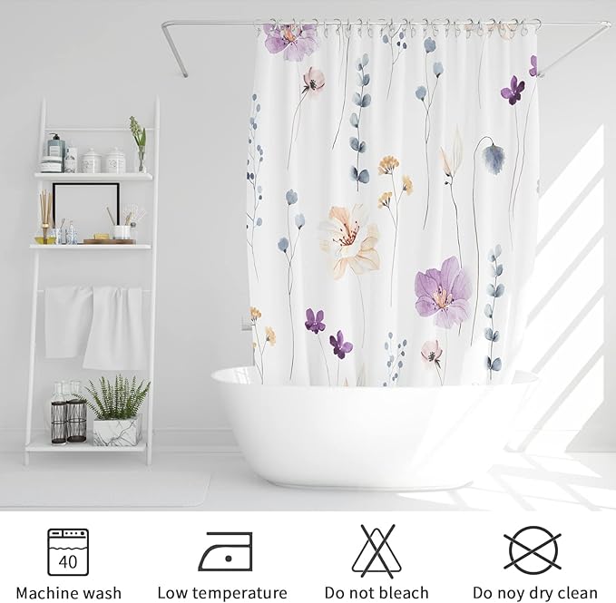 Gibelle Long Shower Curtain 72 x 78, Watercolor Floral Fabric Shower Curtain, Purple Beige Flower Decorative Bathroom Shower Curtain Set
