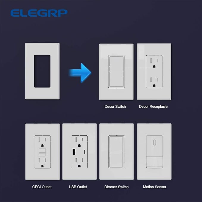 ELEGRP 1-Gang Screwless Decorator Wall Plates, Standard Size Unbreakable Thermoplastic Faceplate Cover for Decorator Receptacle Outlet Switch, UL Listed (50 Pack, Glossy White)