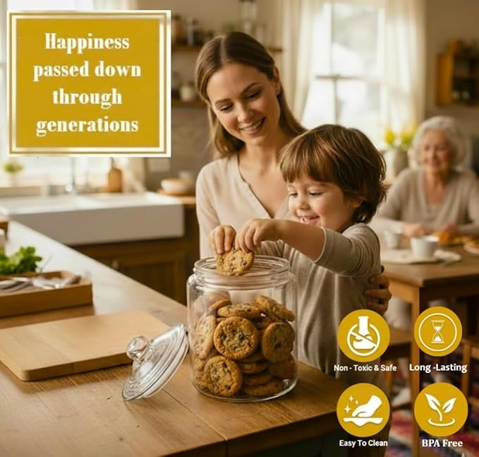 Glass Cookie Jar - 1 Gallon Wide Mouth Glass Jar With Lid - Extra Gasket - Large Food Storage Container, Candy Jar With Airtight Lid, Pet Food, Flour, Detergent Pods, Kitchen or Laundry Room