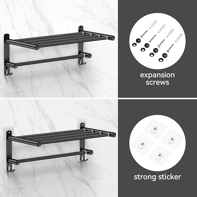 Black Adjustable Towel Bar for Bathroom Wall Mount17-30.7inch Adhesive Shower Towel Rack Stainless Steel Bath Towel Holders for Toilet Kitchen Double Towel Hanger (Black 2-Layer Towel Rack)