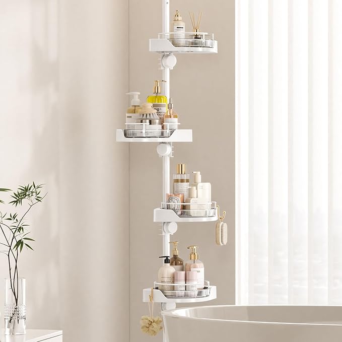 Shower Caddy Tension Pole with 4 L-Lazy Susan Organizer 360 Rotating 35-128 Inch No Drilling Floor Standing Shelves Adjustable Shower Rack for Bathroom Corner (White)