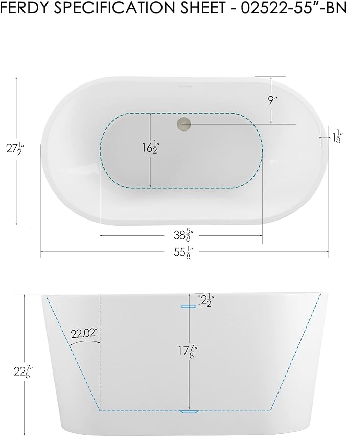 FerdY Luzon 55" Acrylic Freestanding Bathtub, Ergonomic Lightweight Classic Oval Soaking Bathtub with Brushed Nickel Drain, Minimalist Linear Design Overflow, Modern White