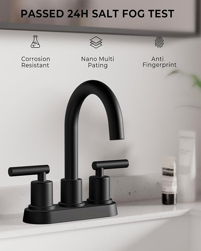 VXV Bathroom Sink Faucet 4 Inch 2 Handle Centerset Utility Lavatory Vanity Modern 360 Rotating Black Water Faucet with Pop-up Drain Stopper Assembly and Supply Lines Fits 2 Hole