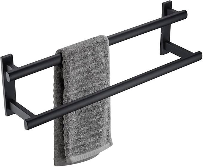 BAGNOLUX Double Towel Bar, SUS304 Towel Racks for Bathroom Wall Mounted 2-Tiers Ladder Towel Rails, Space Saving Bathroom Towel Holder Shelves Rack, Long Towel Hanger (16"-Square-Matte Black)